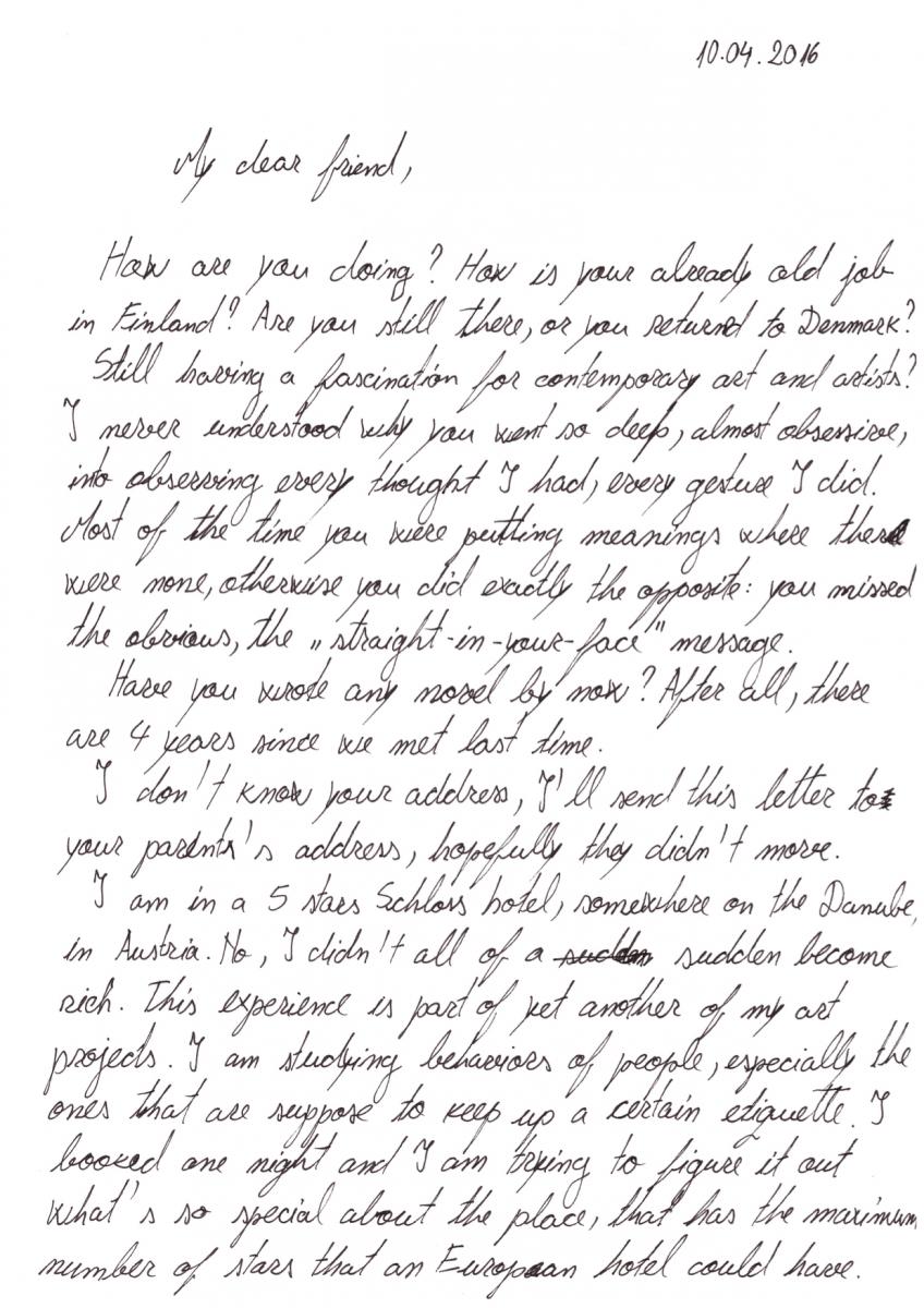 Cristina David, Letter to Ana Ivan, 2016, handwritten text on paper, 9 pieces, 20.7 x 29.7 cm each