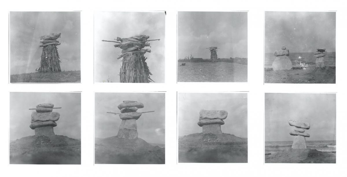 Simona Runcan, The Principles of Equilibrium, 1980s, bw photographs of temporary constructions from stone, wood, sand, plants, made by the artist at Vama Veche, Romanian seaside at the Black Sea